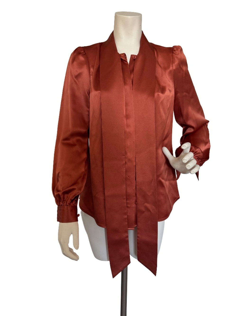 Tory Burch Amber Rust Silk Satin Bow Blouse